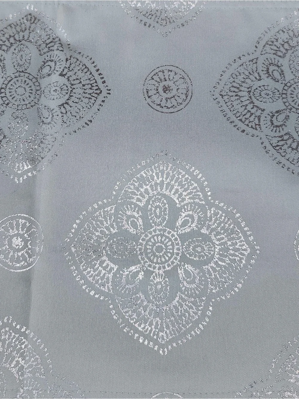 Elegant Soft Green 70” Table Runner with Silver Medallions & 5.5” Tassels